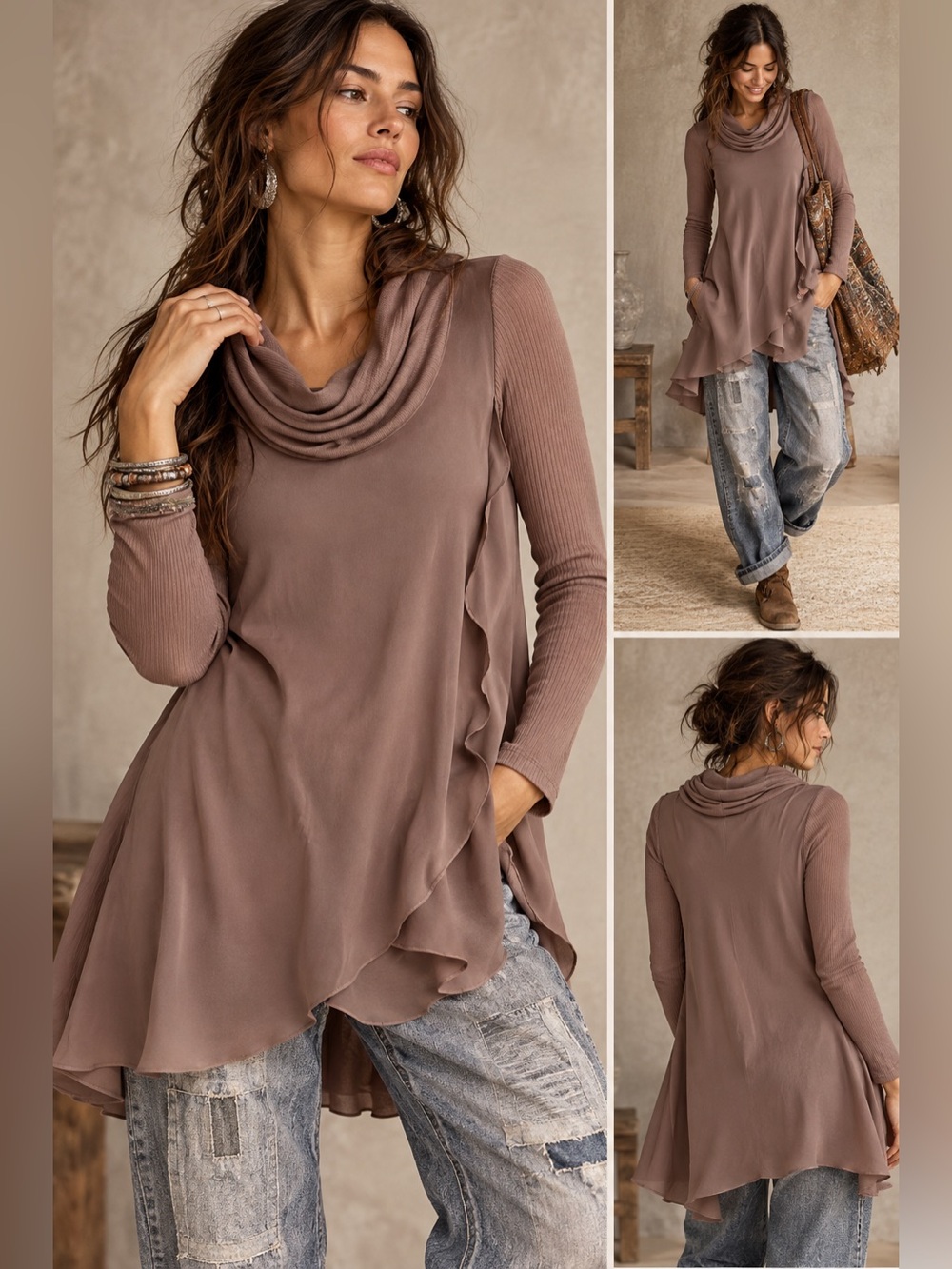 Deletta Anthropologie Blouse Womens S Taupe Cowl Neck Drape Tunic Top